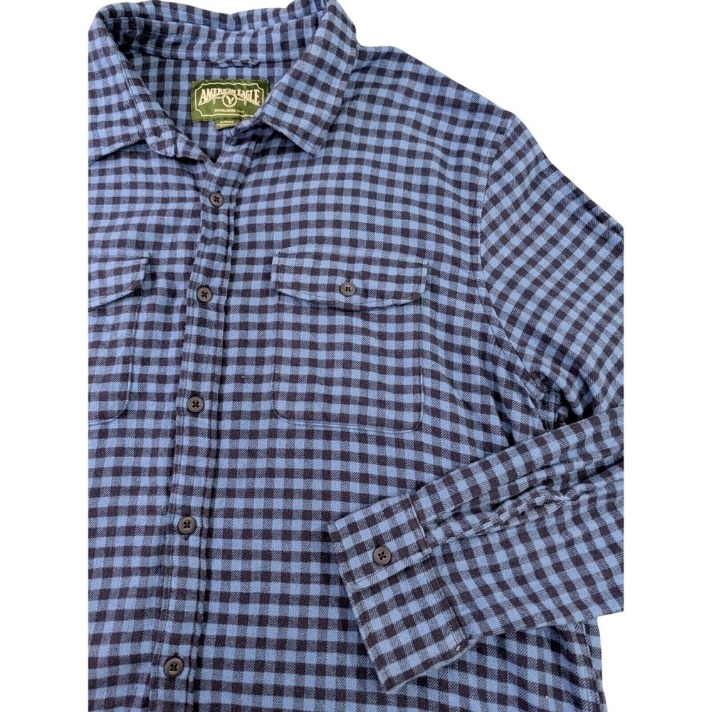American Eagle Flannel Shirt Mens XL Blue Check Long Sleeve Cabin Lumbarjack
